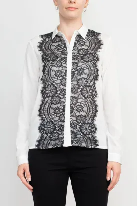 Alberto Makali Collared Long Sleeve Button Down Floral Lace Trim Chiffon Blouse