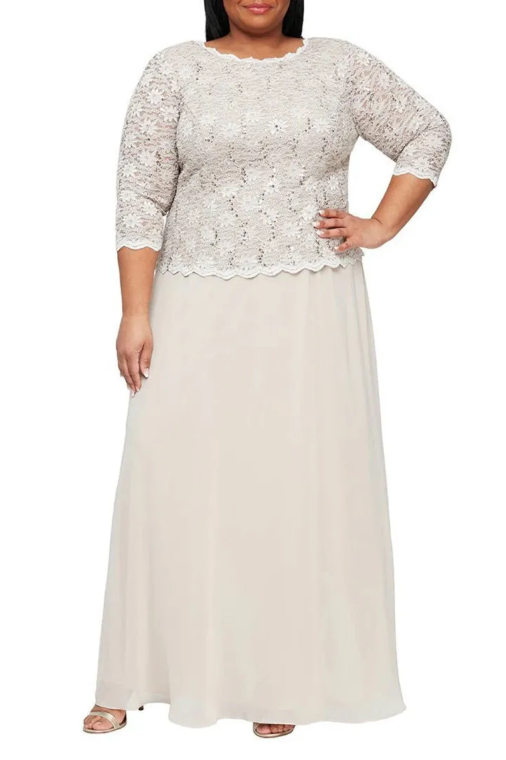 Alex Evening Crew Neck 3/4 Sleeve Popover Lace Top Chiffon Skirt Sequin Dress (Plus Size)