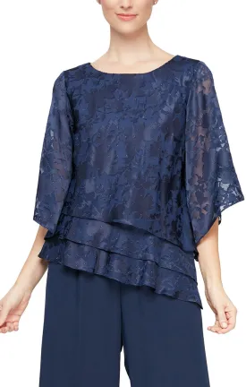 Alex Evenings Boat Neck 3/4 Sleeve Multi Print Asymmetrical Triple Tier Hem Burnout Chiffon Top