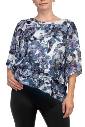 Alex Evenings Boat Neck 3/4 Sleeve Multi Print Asymmetrical Triple Tier Hem Chiffon Top