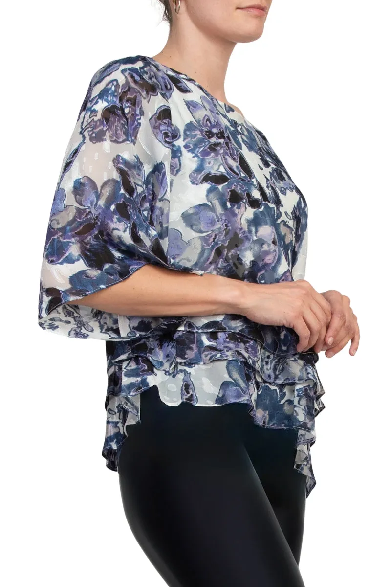 Alex Evenings Boat Neck 3/4 Sleeve Multi Print Asymmetrical Triple Tier Hem Chiffon Top