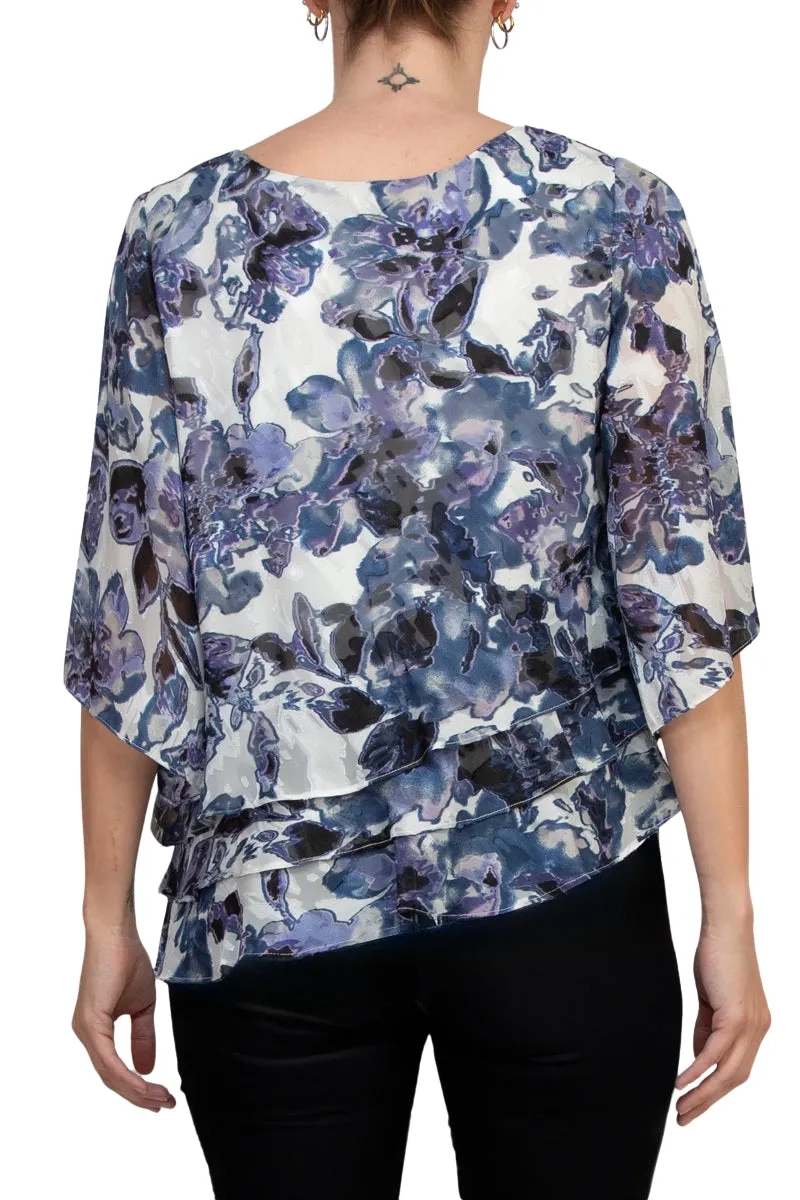 Alex Evenings Boat Neck 3/4 Sleeve Multi Print Asymmetrical Triple Tier Hem Chiffon Top