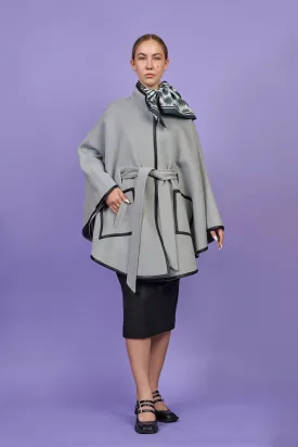 ALICE Light Grey Belted Cape Coat in Virgin Wool Cashmere Black Leather