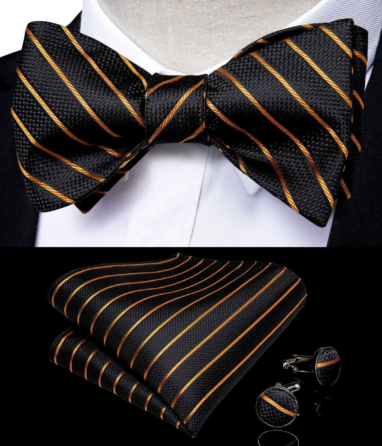 Black Golden Striped Silk Self-Bowtie Pocket Square Cufflinks Set