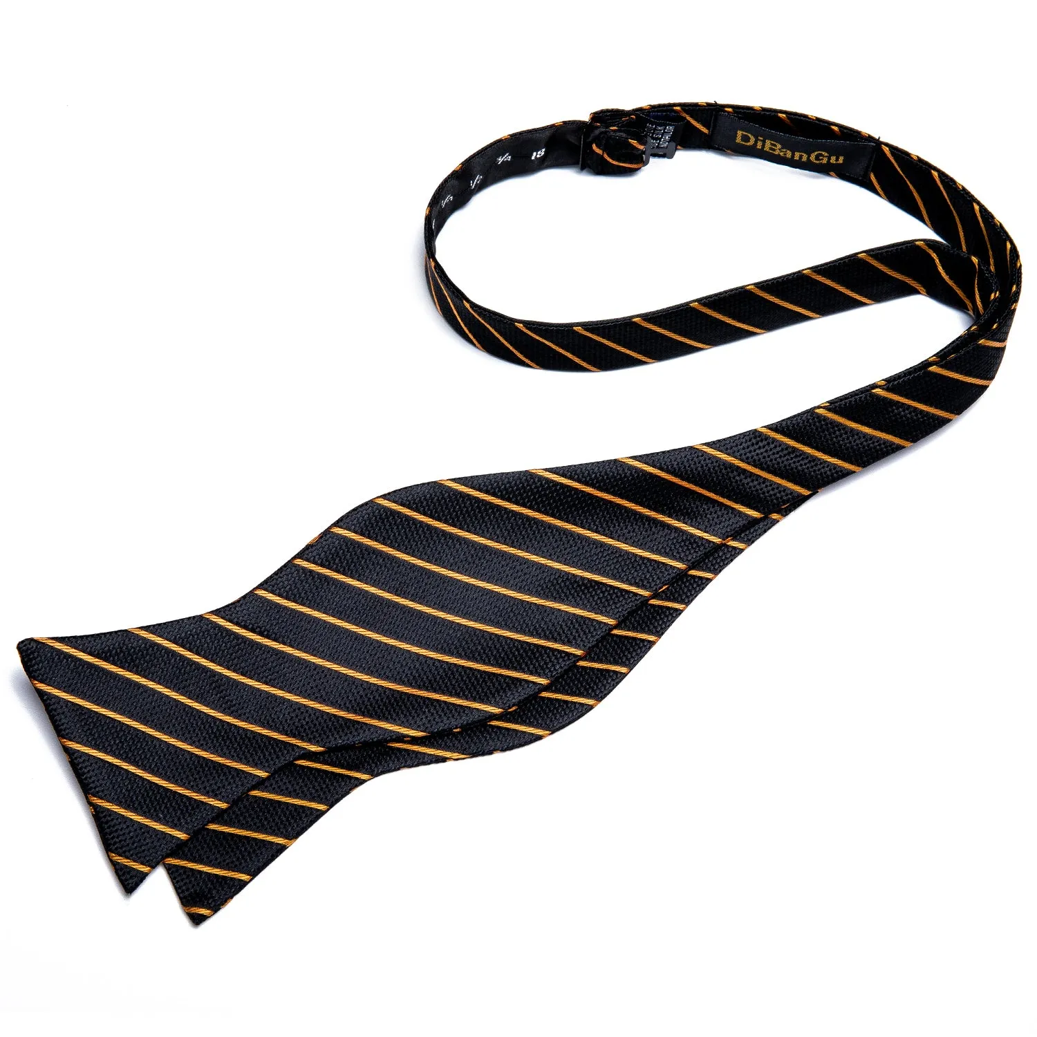 Black Golden Striped Silk Self-Bowtie Pocket Square Cufflinks Set