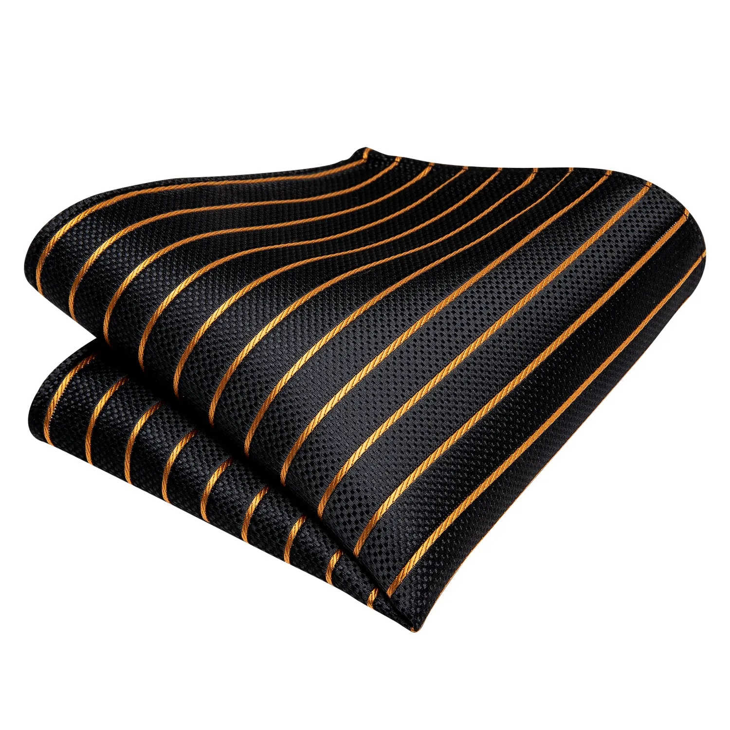 Black Golden Striped Silk Self-Bowtie Pocket Square Cufflinks Set