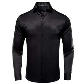 Black Solid Silk Men's Long Sleeve Shirt