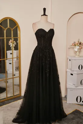 Black Strapless A-line Appliques Tulle Long Prom Dress