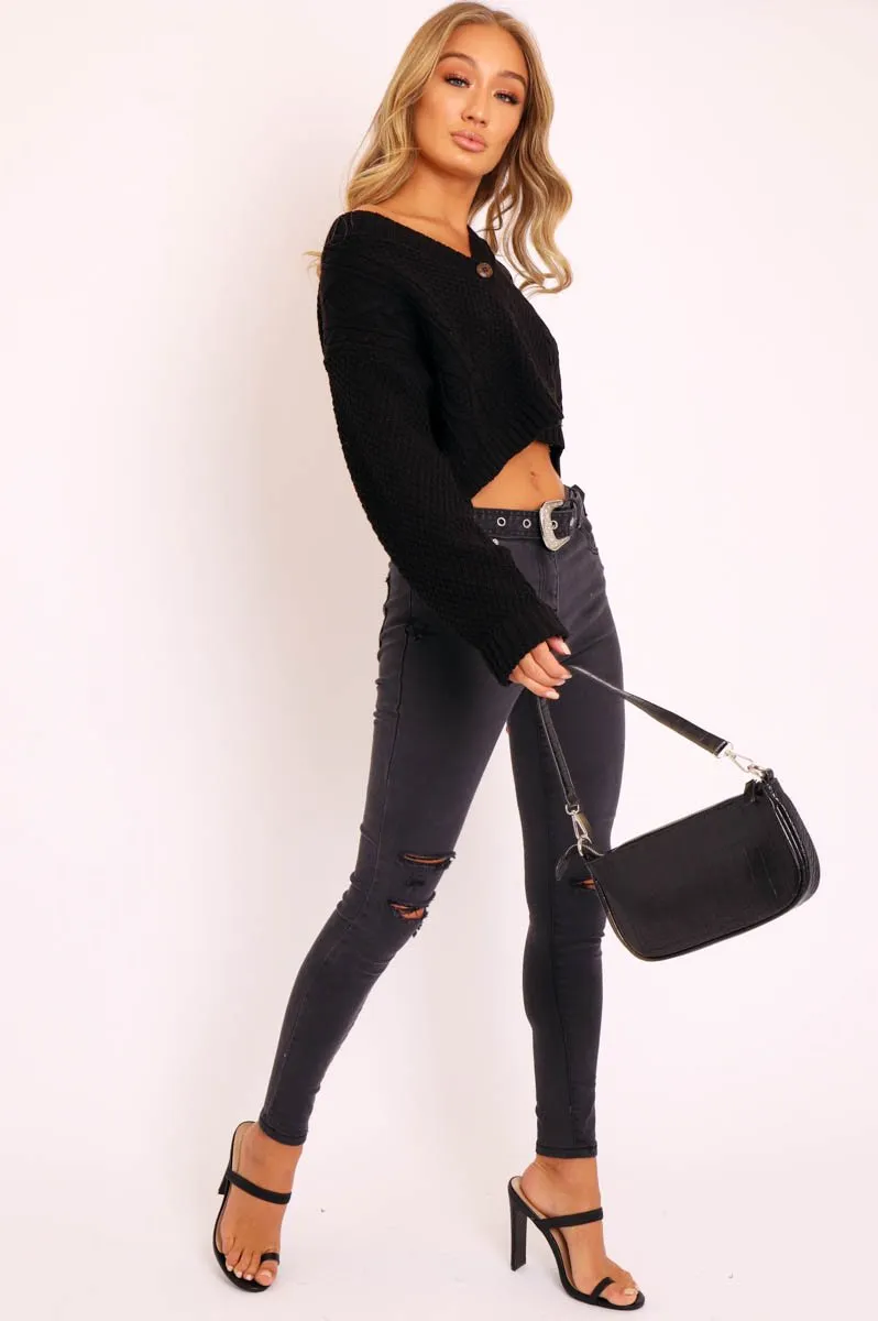 Black Washed Denim Ripped Buckle Belted Skinny Jeans - Suzie