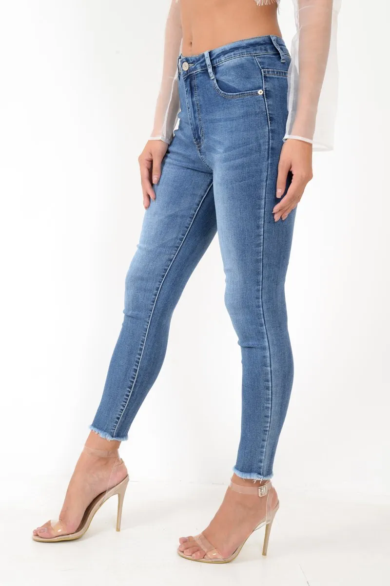 Blue Back Rip Raw Hem Skinny Jeans - Ottilie