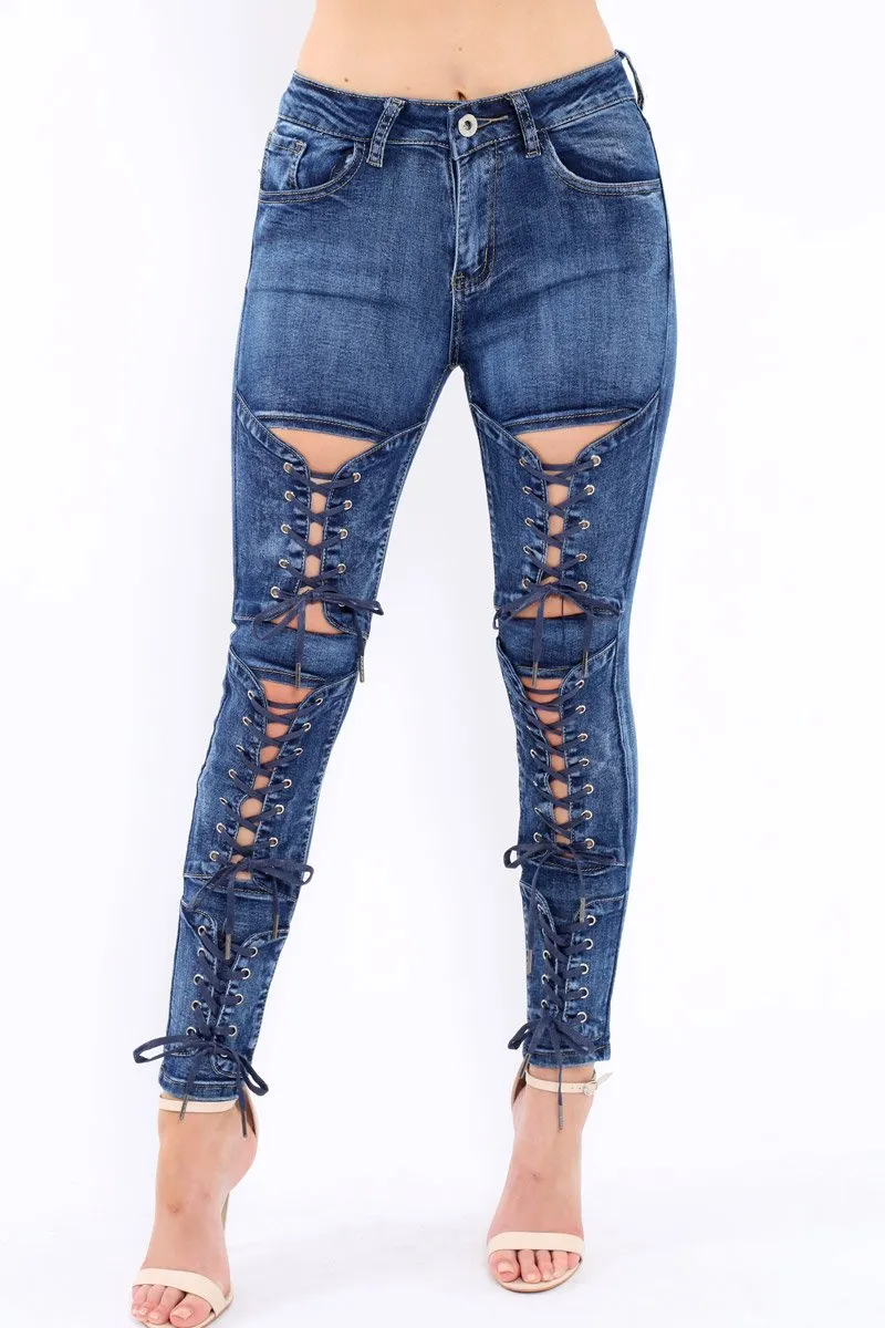 Blue Denim Lace Up High Waist Skinny Jeans - Demelza