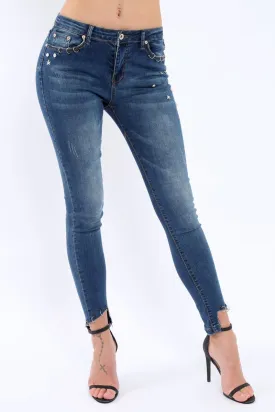 Blue Denim Stud And Eyelet Ring Dip Hem Skinny Jeans - Lesha