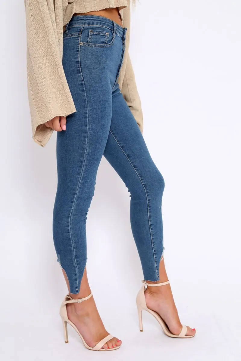 Blue Mid Wash Split Hem Skinny Jeans - Raizy