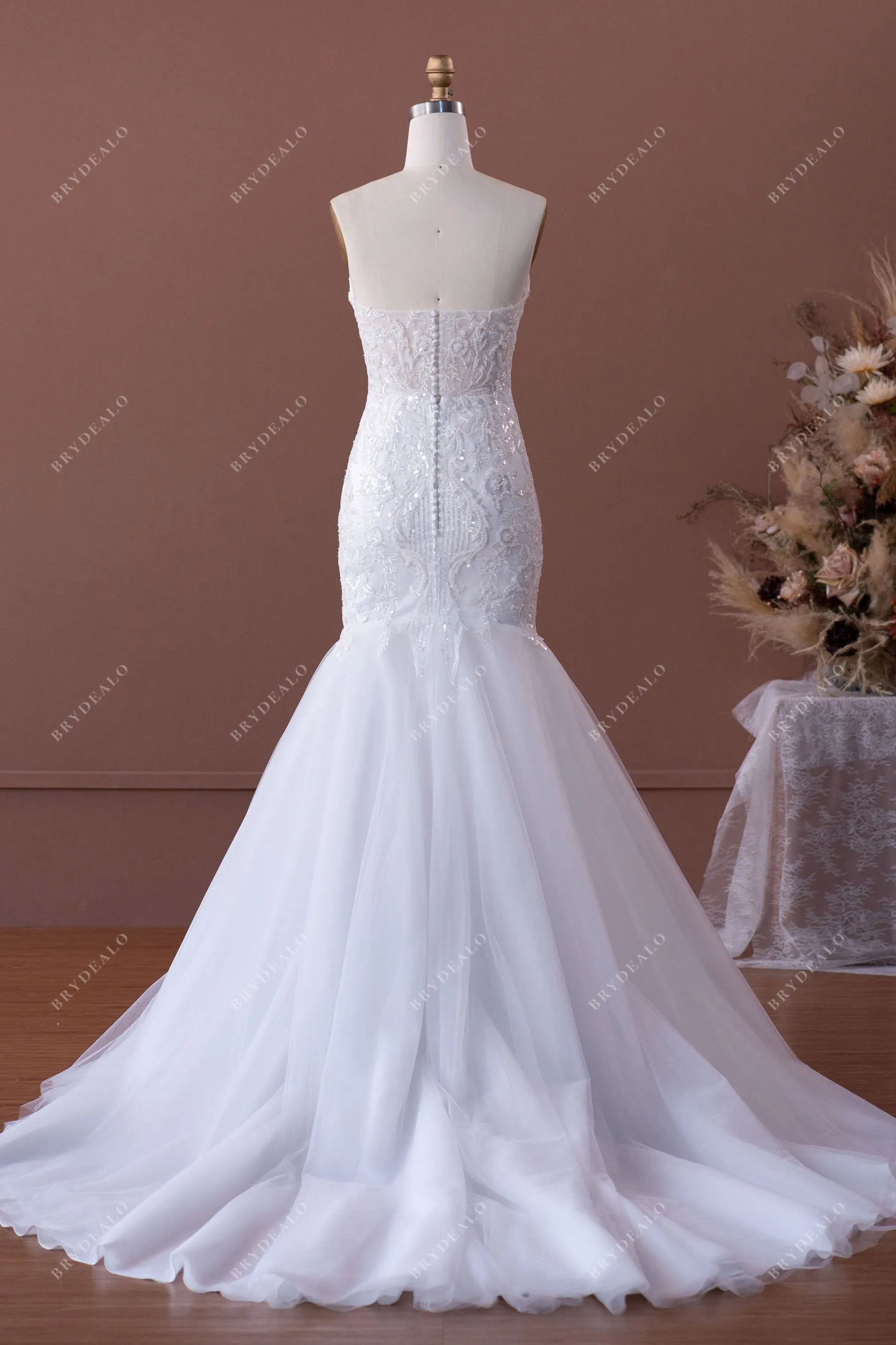 Chapel Train Mermaid V-cut Designer Sequin Lace Wedding Dress