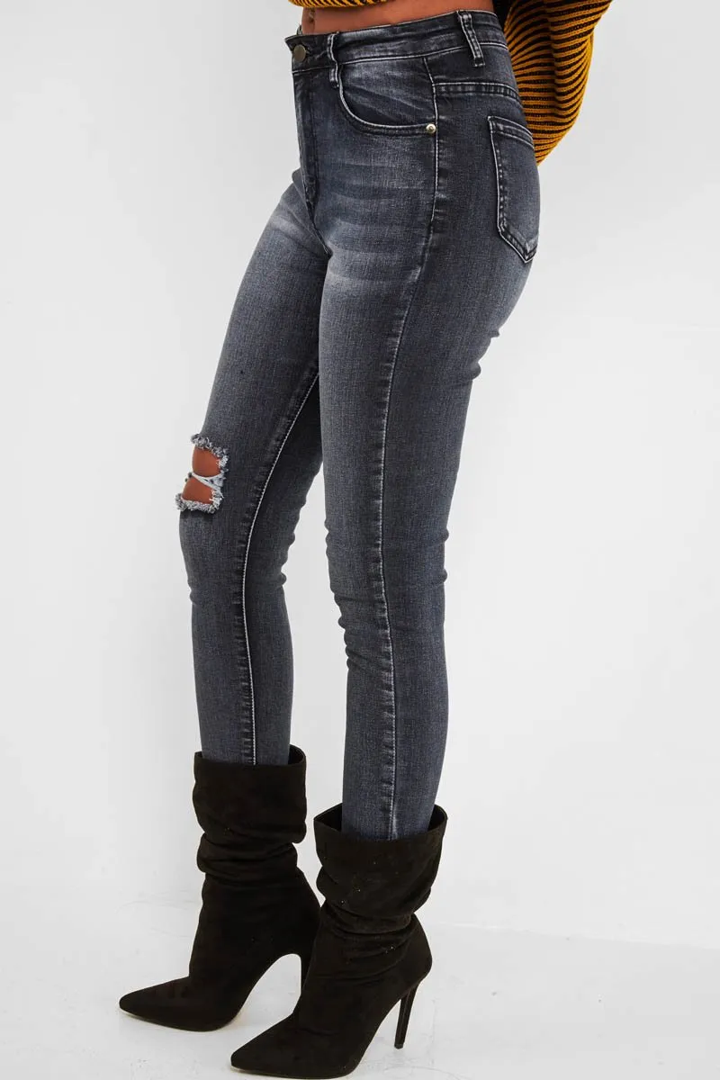 Charcoal Ripped Knee Skinny Jeans - Emerlee