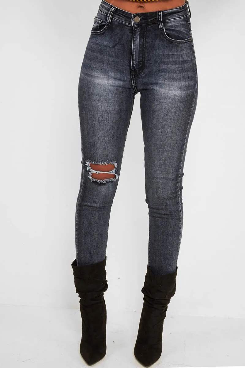 Charcoal Ripped Knee Skinny Jeans - Emerlee