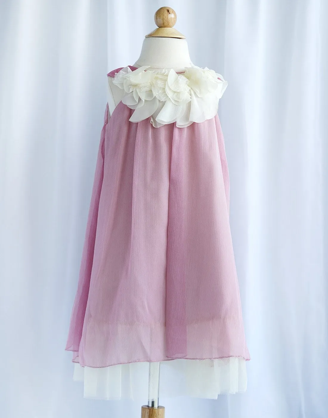 Chic Chiffon Dress With Ivory Flower Neckline - Dusty Rose