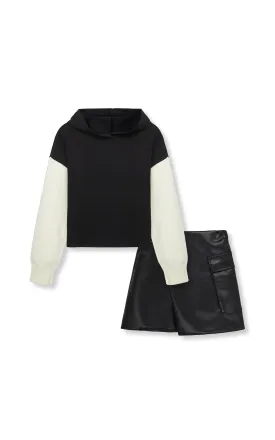 Colorblock Hoodie & Faux Leather Skort Set | 7-16