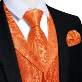 DiBanGu Flame Orange Paisley Notched Collar Silk Mens Vest Tie Set