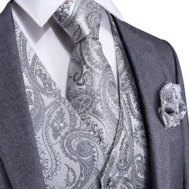 DiBanGu Mens Suit Vest Grey Paisley Jacquard Silk Waistcoat Vest Tie Handkerchief Cufflinks Set