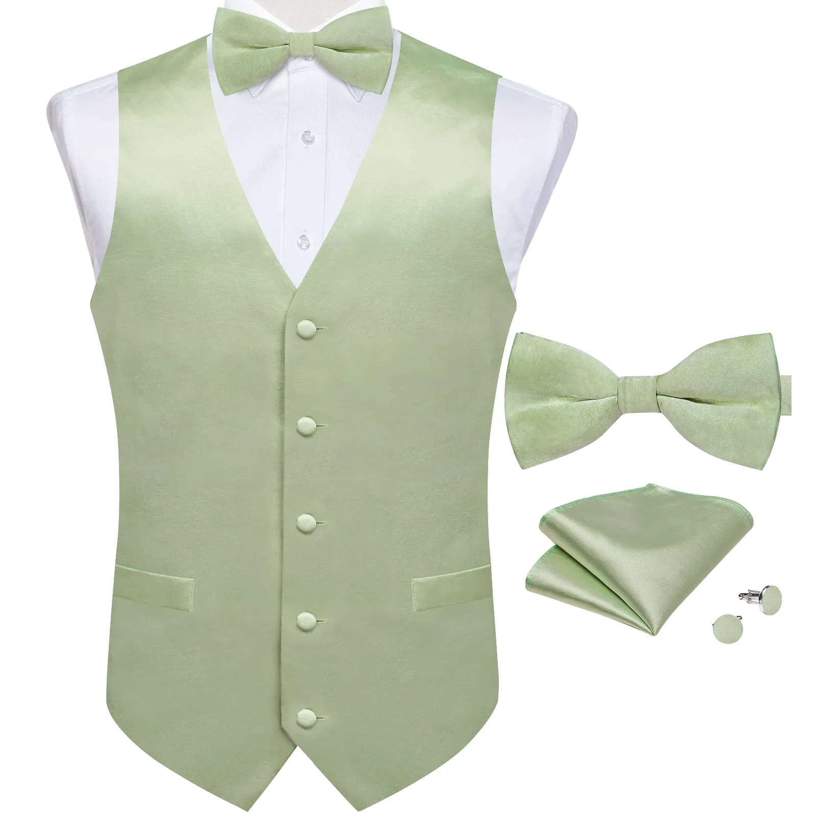 DiBanGu Mens Suit Vest Mint Green Solid Jacquard Vest Necktie Bow Tie Handkerchief Cufflinks Set