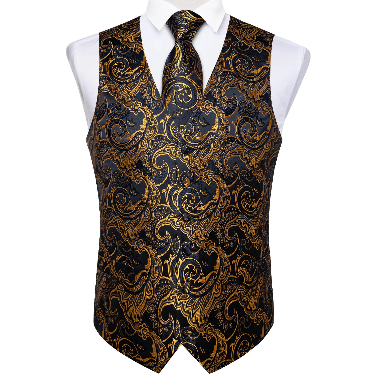 DiBanGu Men's Vest Black Gold Jacquard Floral Silk Vest Necktie Set