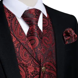 DiBanGu Men's Vest Dark Red Paisley Silk Waistcoat Suit Vest Tie Set