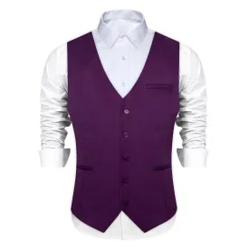 DiBanGu Mens Vest Palatinate Purple Solid V Neck Work Waistcoat Silk Button Vest