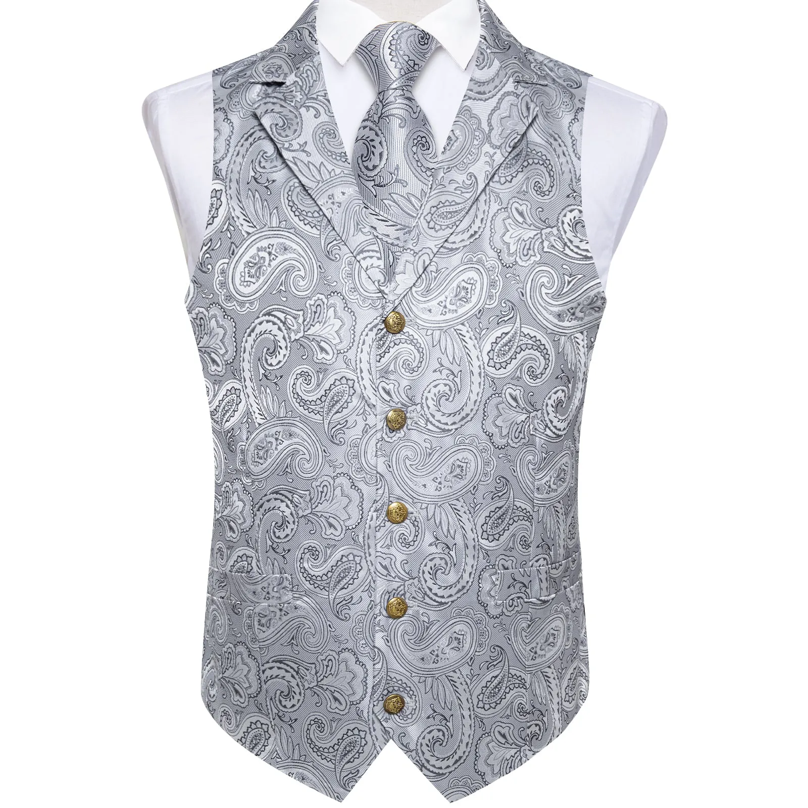 DiBanGu Notched Collar Vest Silver Paisley V Neck Mens Waistcoat Vest Tie Handkerchief Cufflinks Set