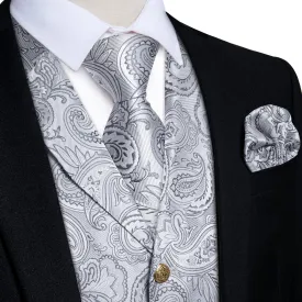 DiBanGu Notched Collar Vest Silver Paisley V Neck Mens Waistcoat Vest Tie Handkerchief Cufflinks Set