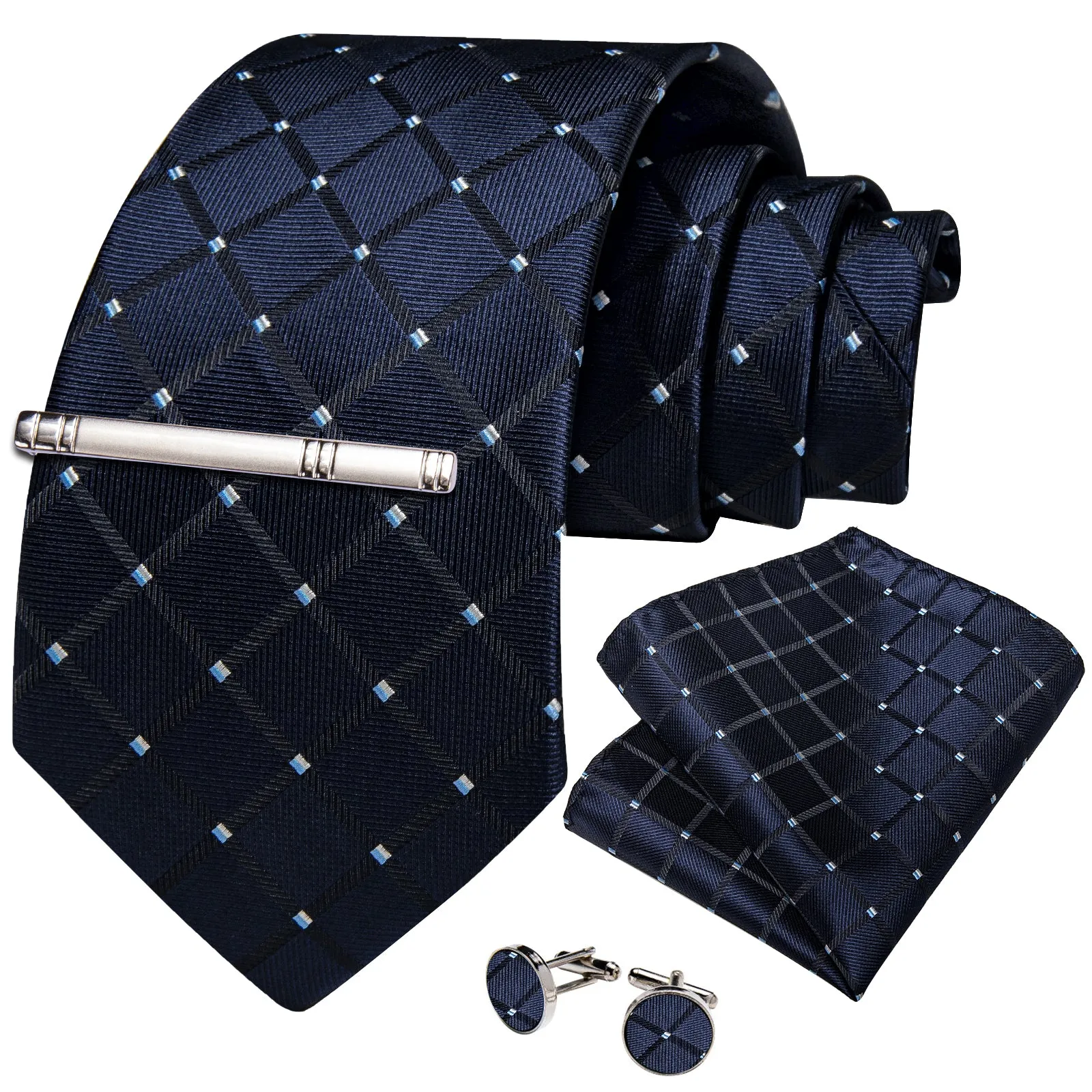 DiBanGu Silk Tie Blue Plaid Men's Tie Handkerchief Cufflinks Clip Set