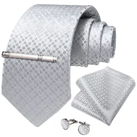 DiBanGu Suit Tie Cloud Grey Plaid Mens Dress Tie Set with Tie Clip