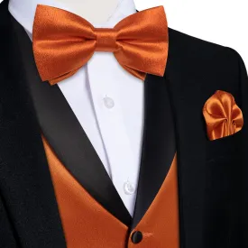 DiBanGu Tuxedo Vest Hot Orange Solid Silk Mens Button Dress Wedding Vest and Bow Tie Set