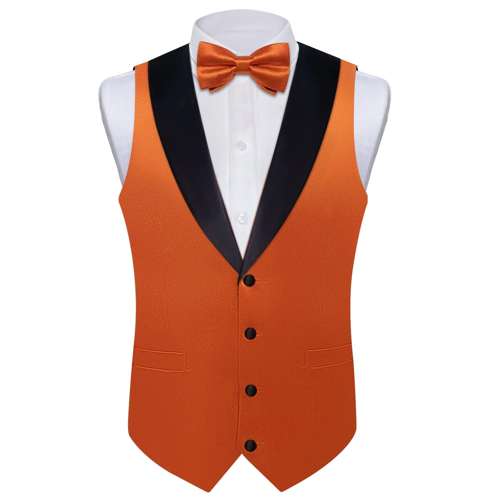 DiBanGu Tuxedo Vest Hot Orange Solid Silk Mens Button Dress Wedding Vest and Bow Tie Set