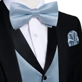 DiBanGu Tuxedo Vest Pastel Blue Solid Silk Mens Button Up Dress Vest and Bow Tie Set