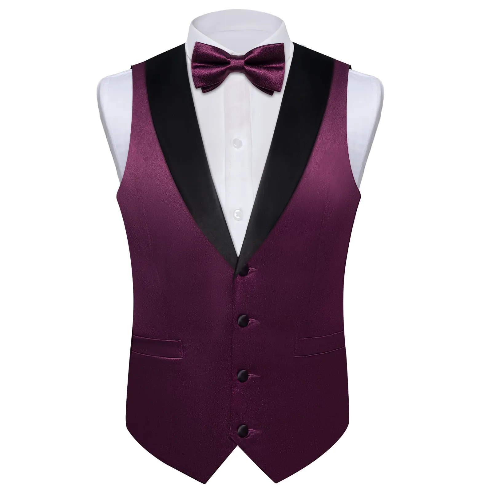 DiBanGu Tuxedo Vest Tyrian Purple Solid Silk Mens Button Up Vest and Bow Tie Set