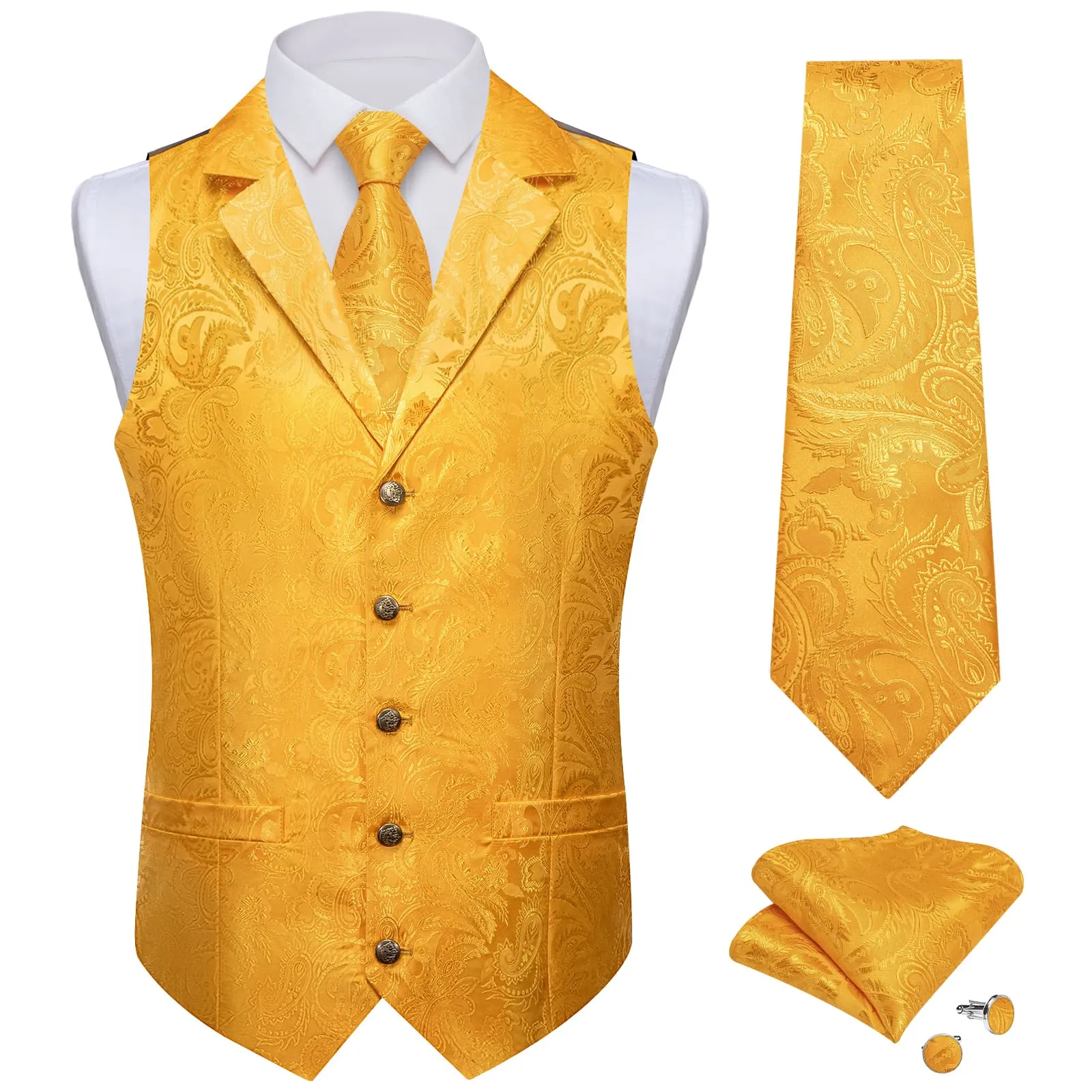 DiBanGu Urobilin Yellow Paisley Silk Notched Collar Slim Fit Mens Waistcoat Tie Set