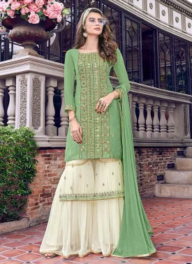 Fabulous Green Embroidered Designer Sharara Suit