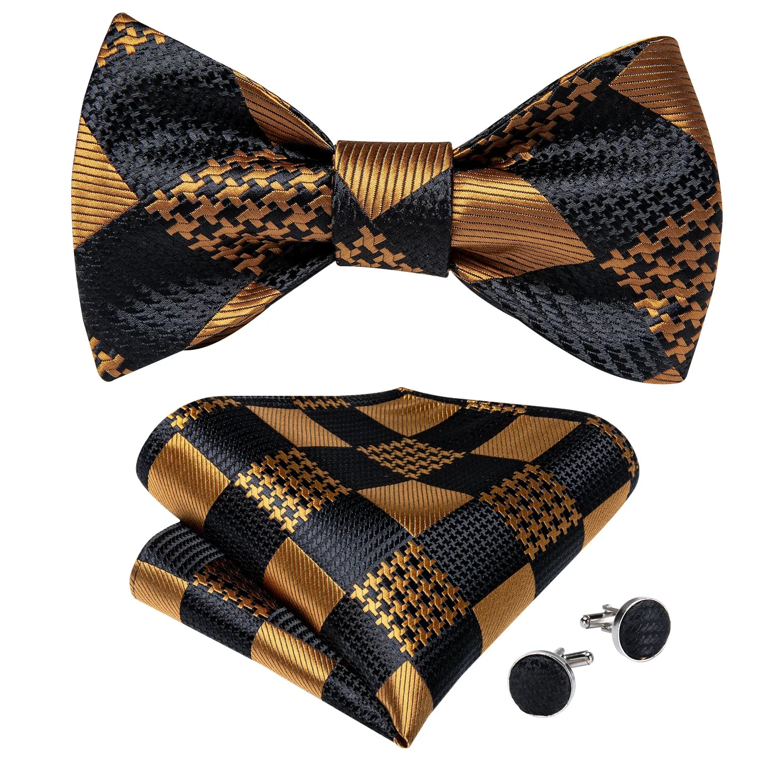 Gold Black Plaid Silk Self- Bowtie Pocket Square Cufflinks Set