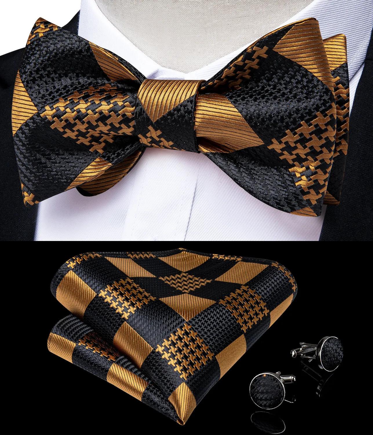 Gold Black Plaid Silk Self- Bowtie Pocket Square Cufflinks Set