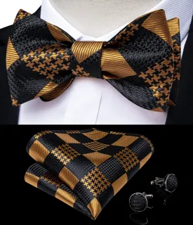 Gold Black Plaid Silk Self- Bowtie Pocket Square Cufflinks Set