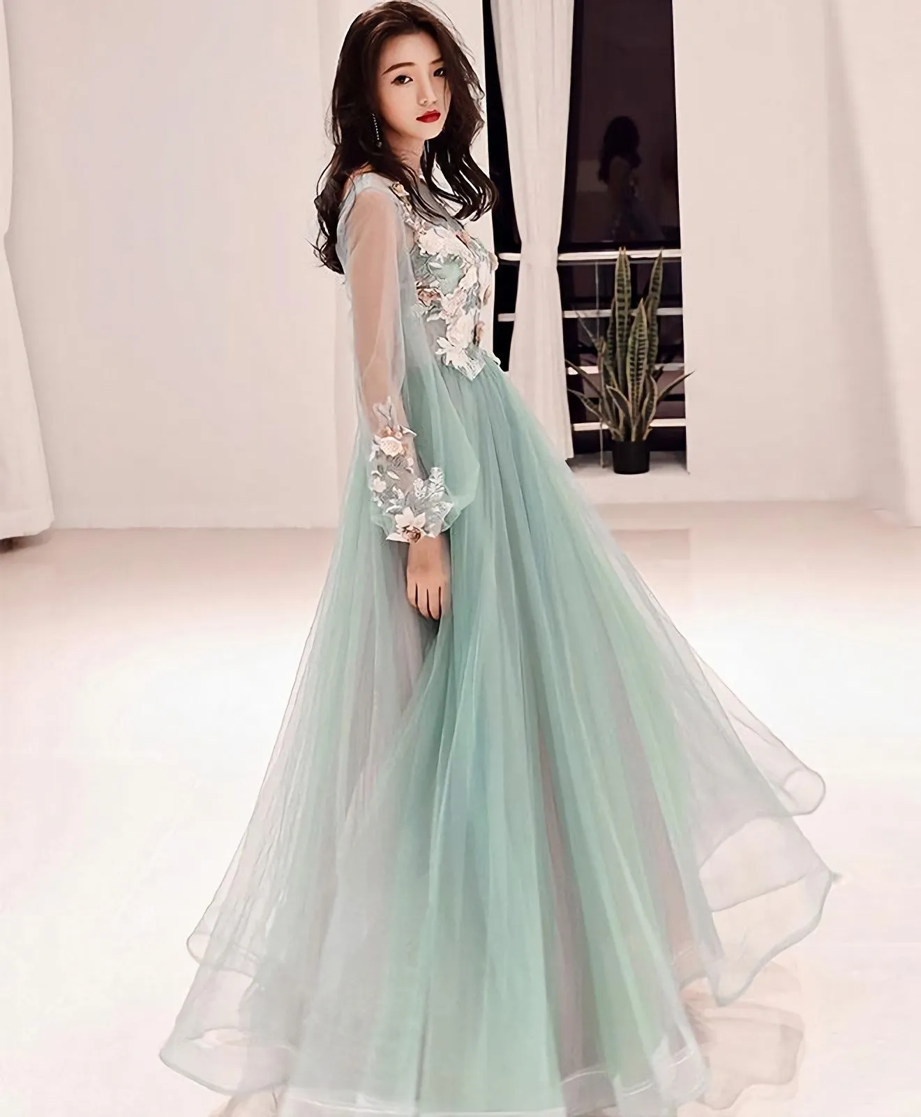 Green Tulle Lace Applique Long Prom Dress Green Evening Dress 1