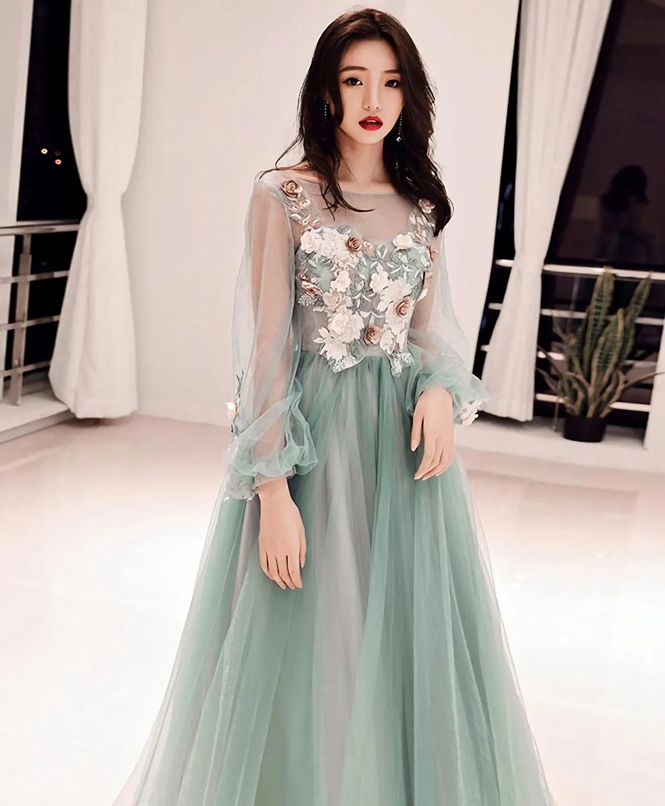 Green Tulle Lace Applique Long Prom Dress Green Evening Dress 1