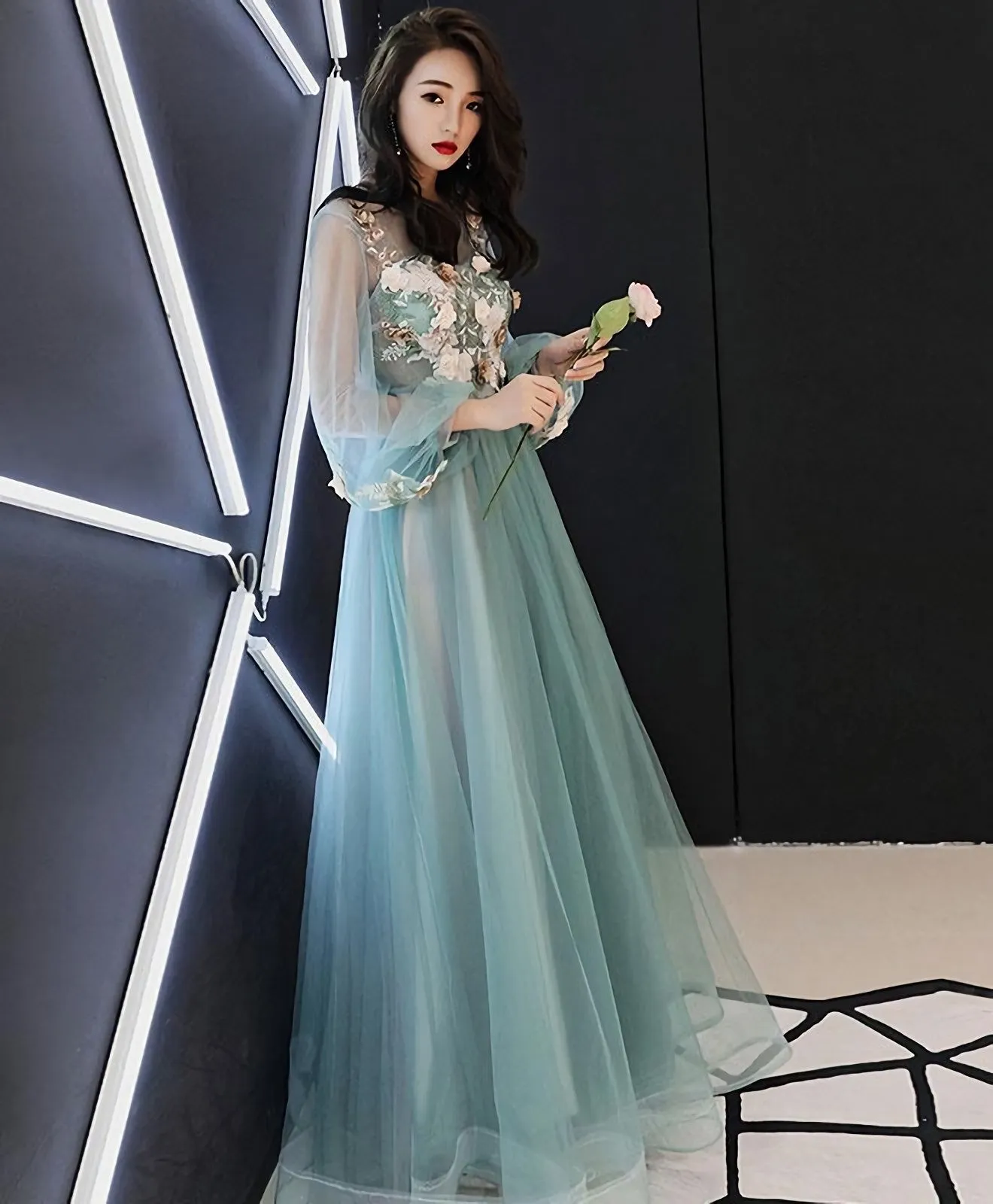 Green Tulle Lace Applique Long Prom Dress Green Evening Dress 1