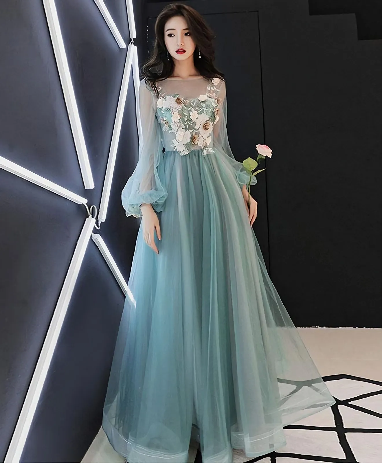 Green Tulle Lace Applique Long Prom Dress Green Evening Dress 1