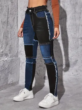 Highstretch patchwork skinny jeans for women raw hem design