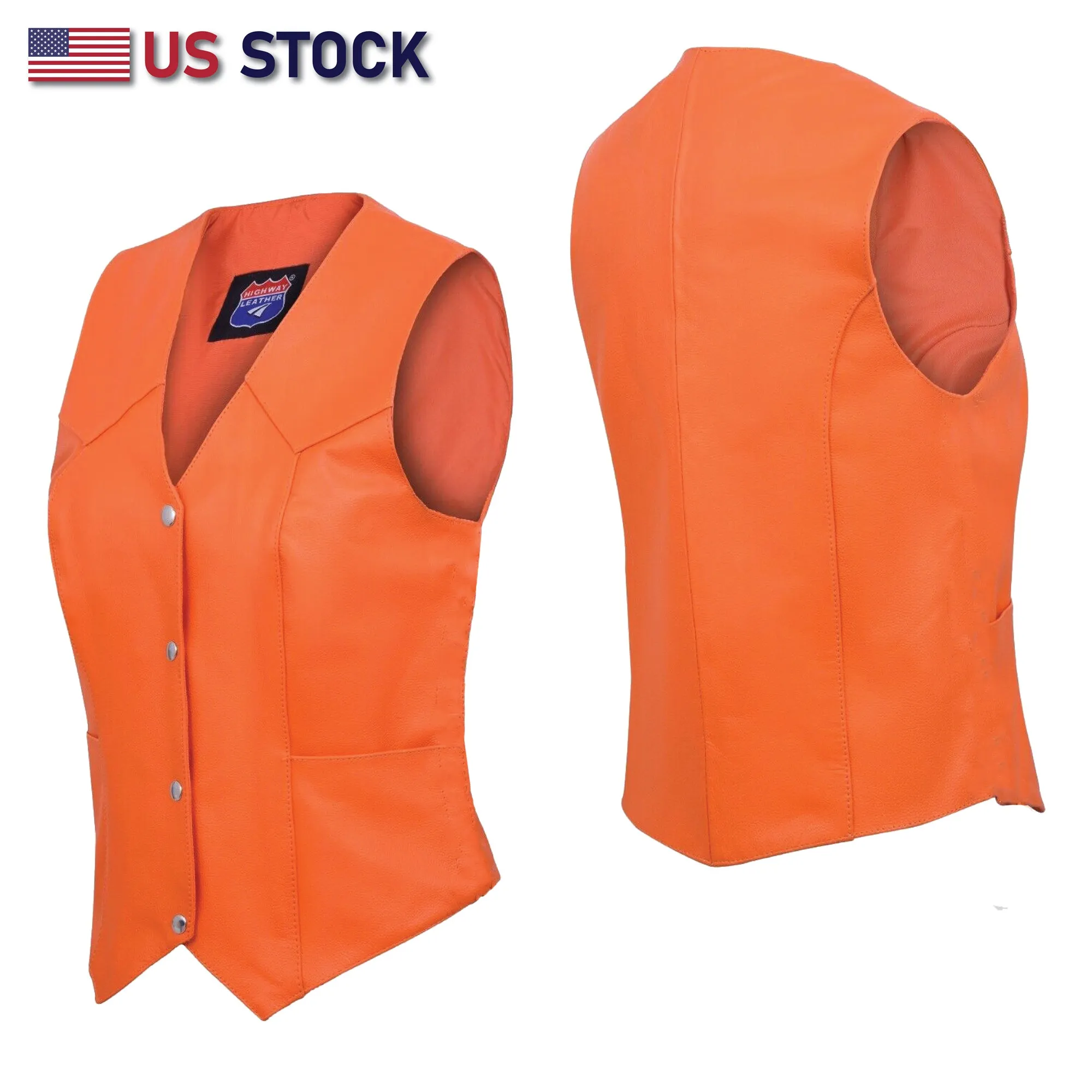 HL14500ORANGE Ladies Women soft leather ORANGE biker motorcycle vest black concealed carry