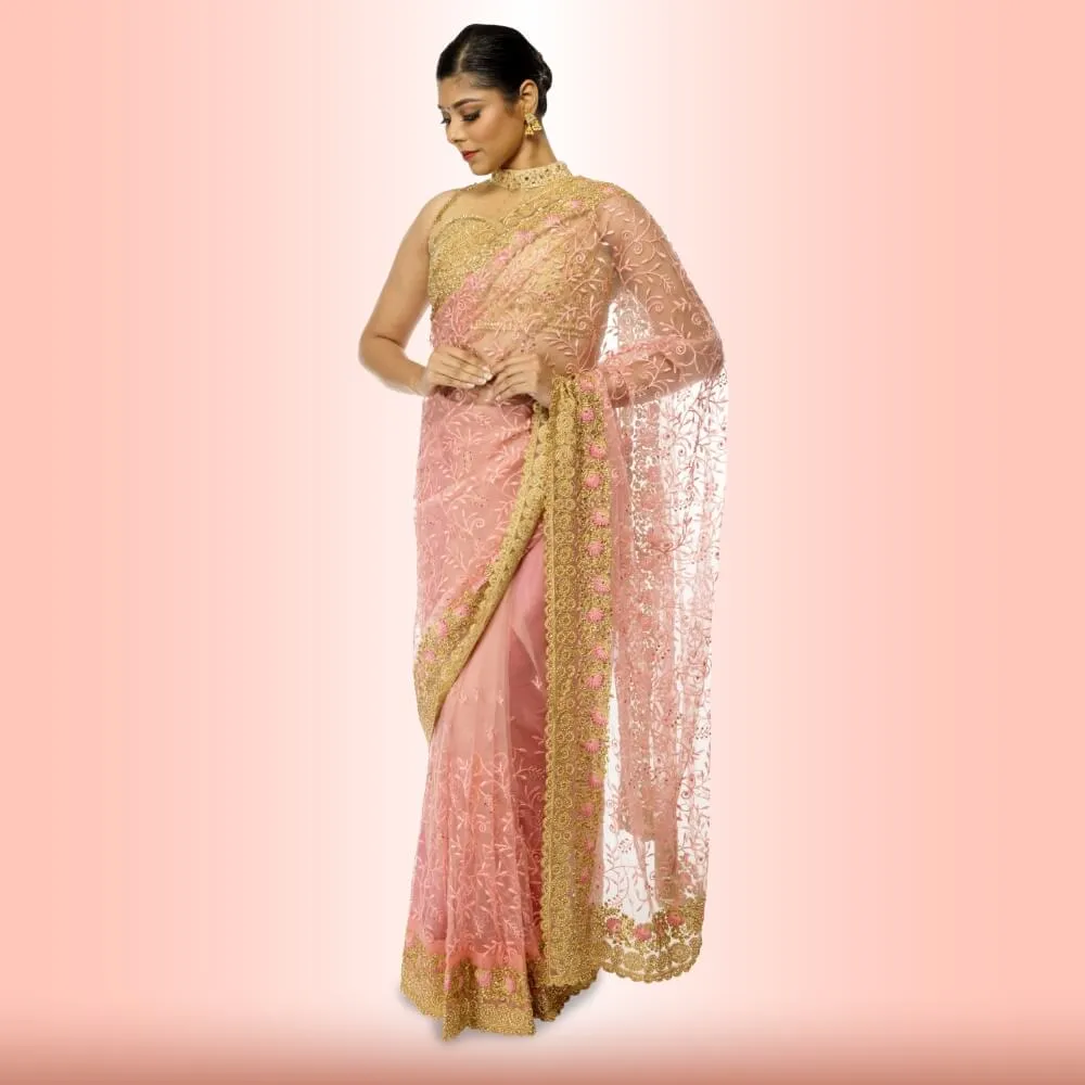 Light weight saree with Gold Border - Pink