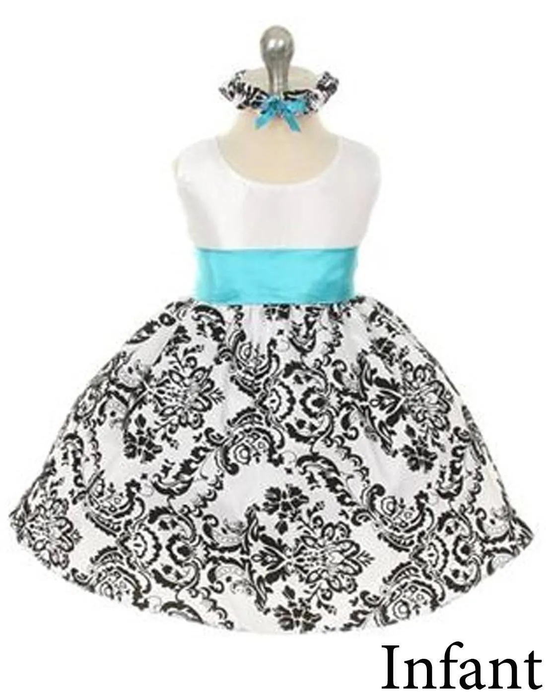 Lovely Dress with Black Velvet Flocked Damask On White Taffeta - Turquoise