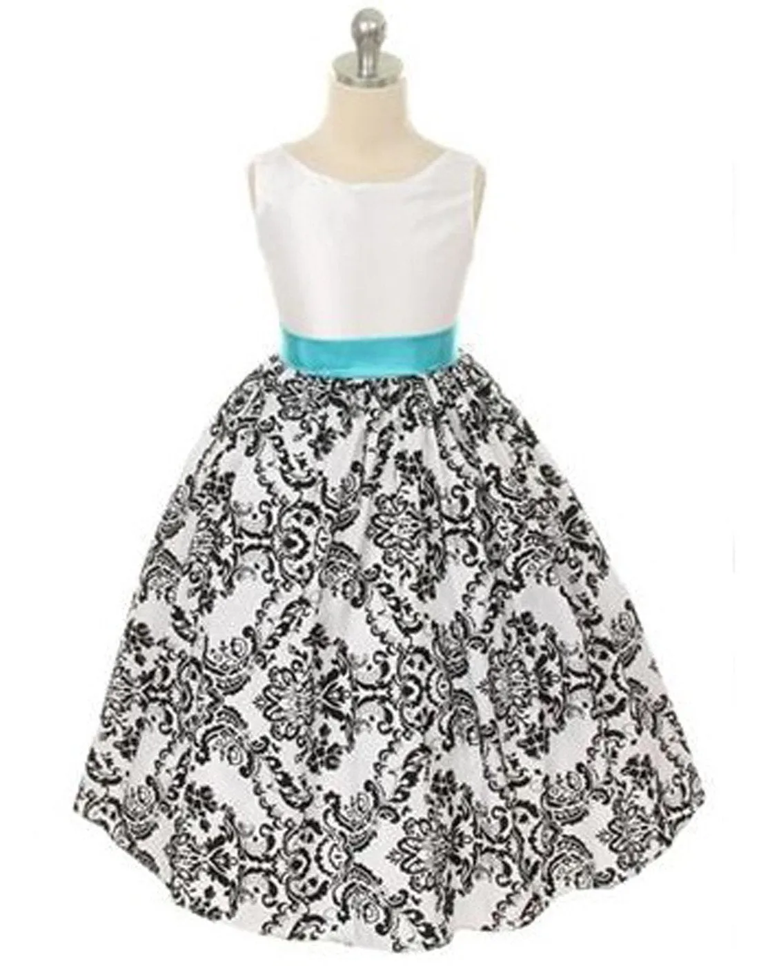 Lovely Dress with Black Velvet Flocked Damask On White Taffeta - Turquoise